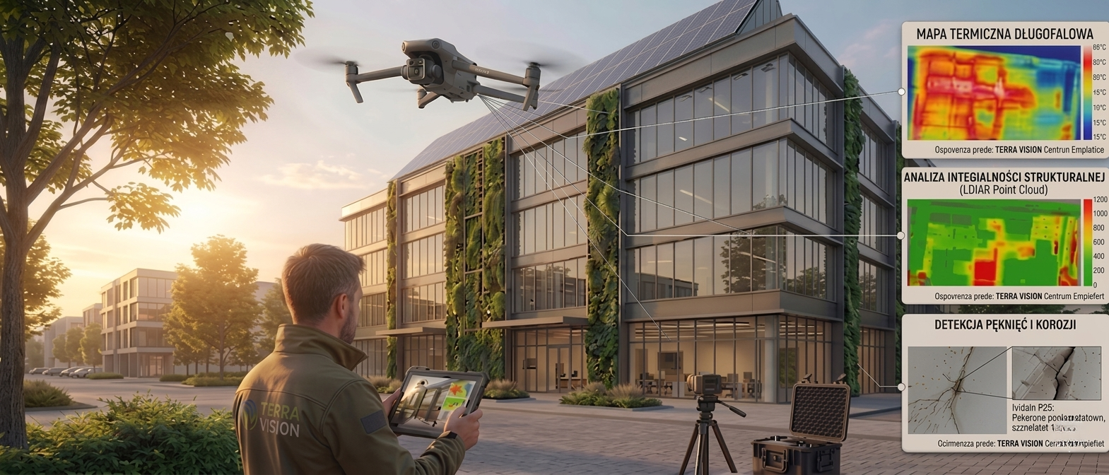 Dron wykonuje inspekcję budynku z panelami i mapami termicznymi